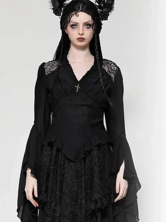 Dark in Love Big Bell Flare Sleeve Top Goth Fairy Core Ruffle Trim Top - Picture 3 of 11